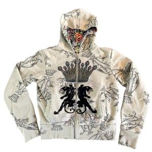 Christian Audigier Ed Hardy Panther Crown Reversible Full Zip Hoodie Jacket S
